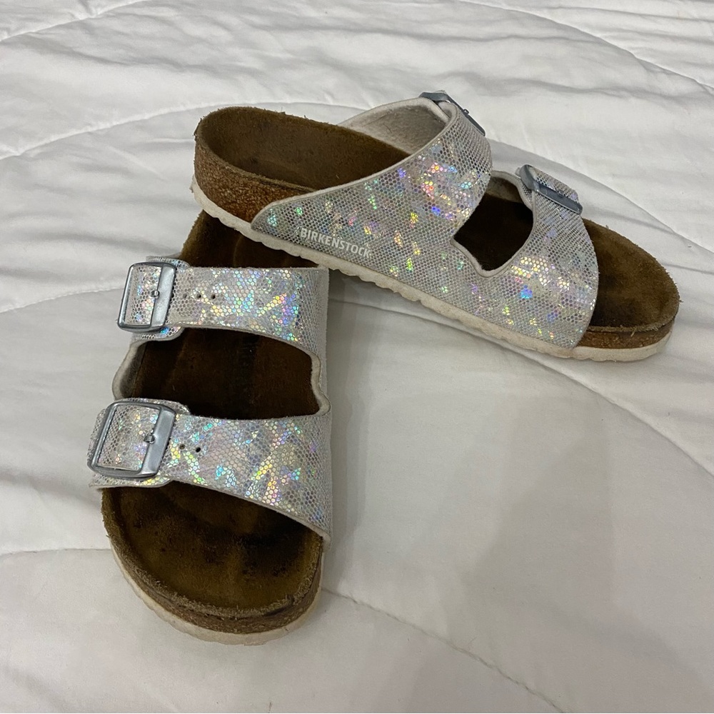 Birkenstock kids size 32 silver hologram sandals. US size 1-1/2